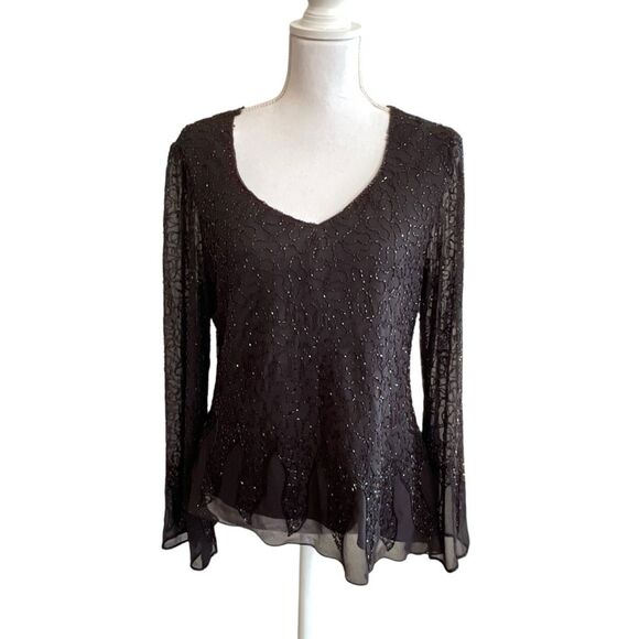 JKara Black Beaded Asymmetrical Top Sz XXL Bell Sleeve Fairy Whimsigoth Evening - Picture 1 of 12